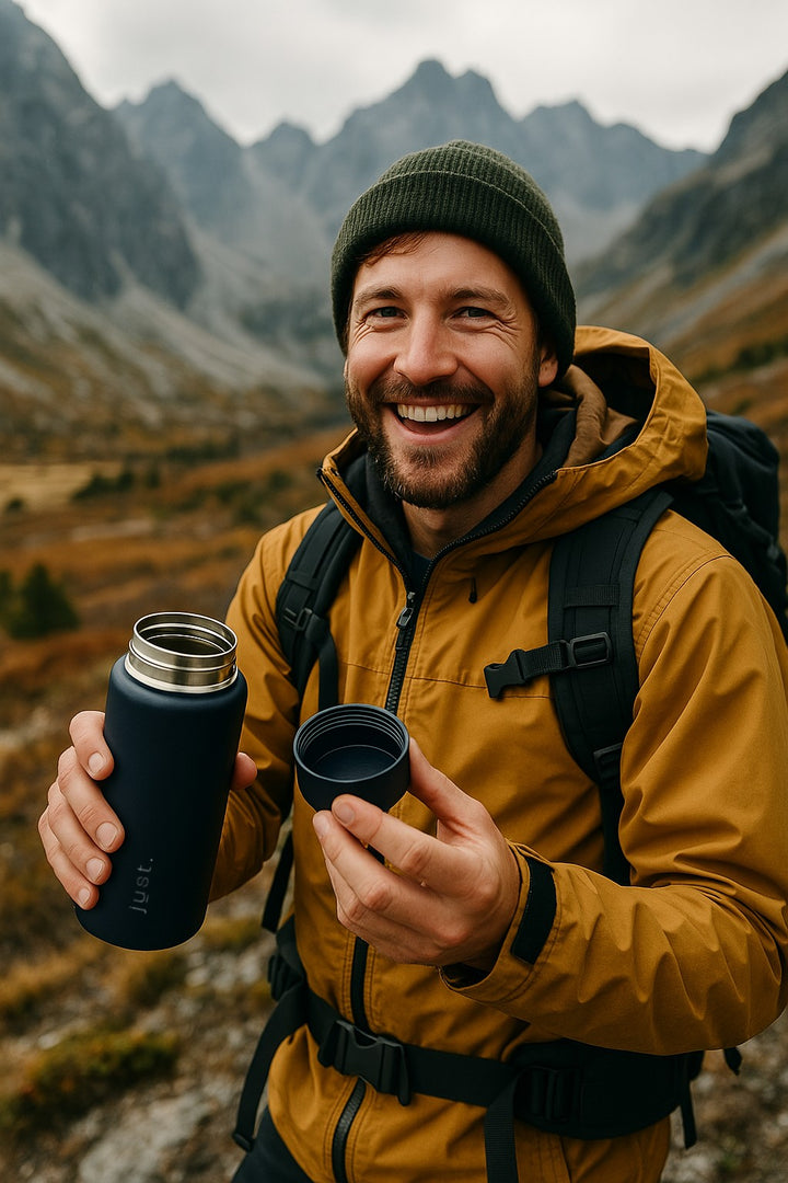man with blue water bottle hiking