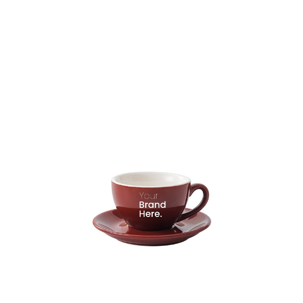 Brown 75ml espresso cup with custom logo printing and matching saucer - front view