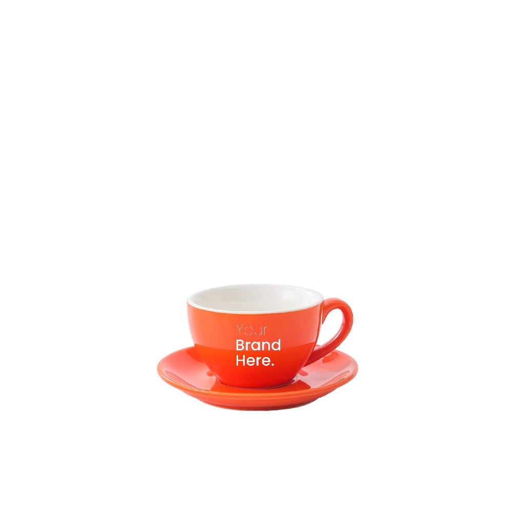 Orange 75ml espresso cup with custom logo printing and matching saucer - front view