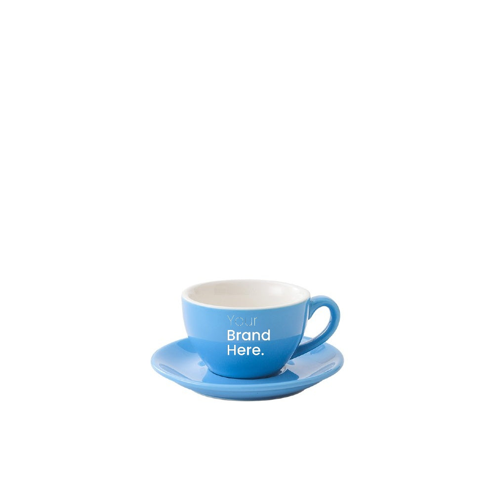 Light blue 75ml espresso cup with custom logo printing and matching saucer - front view