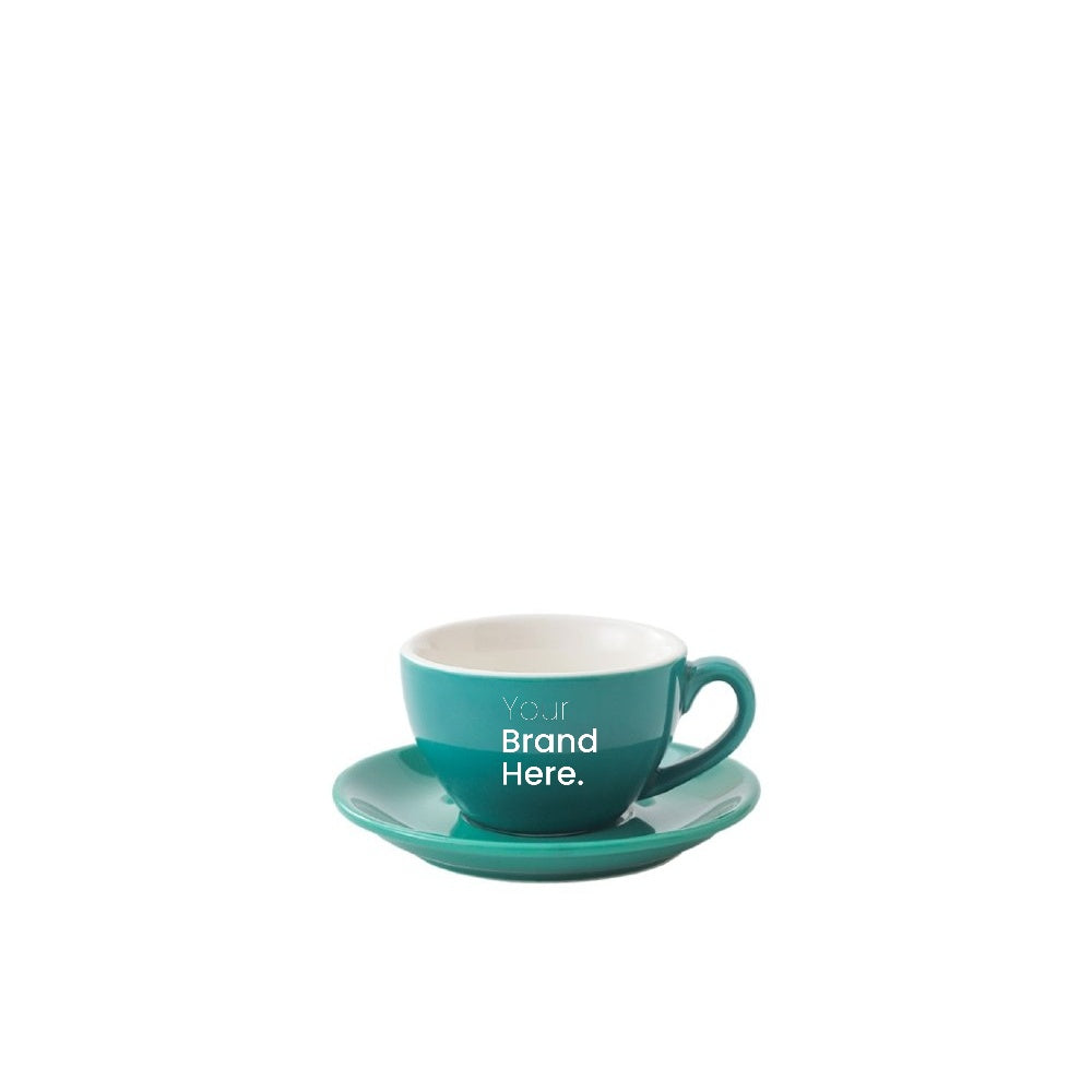 Dark green 75ml espresso cup with custom logo printing and matching saucer - front view
