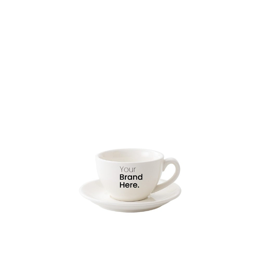 White 75ml espresso cup with custom logo printing and matching saucer - front view