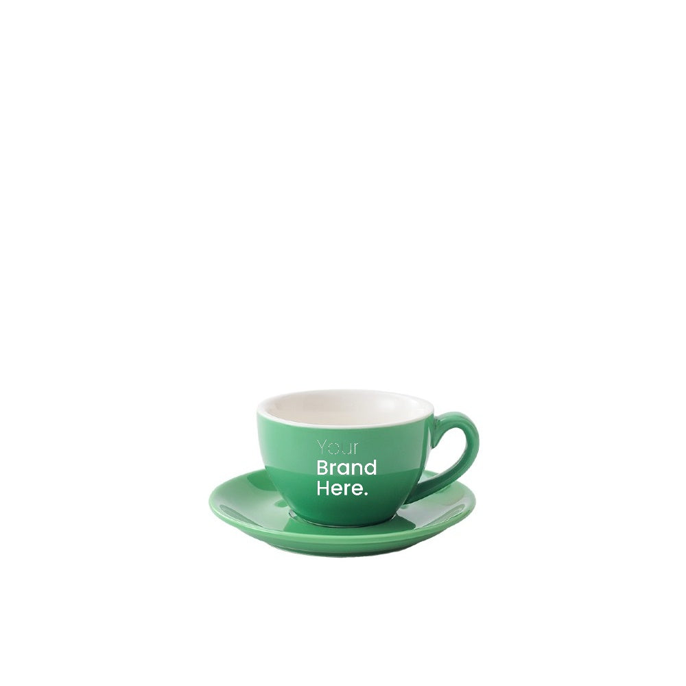 Green 75ml espresso cup with custom logo printing and matching saucer - front view