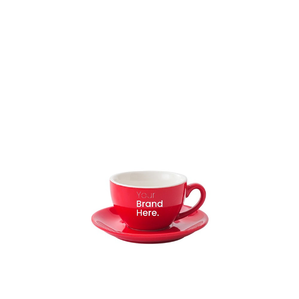 Red 75ml espresso cup with custom logo printing and matching saucer - front view