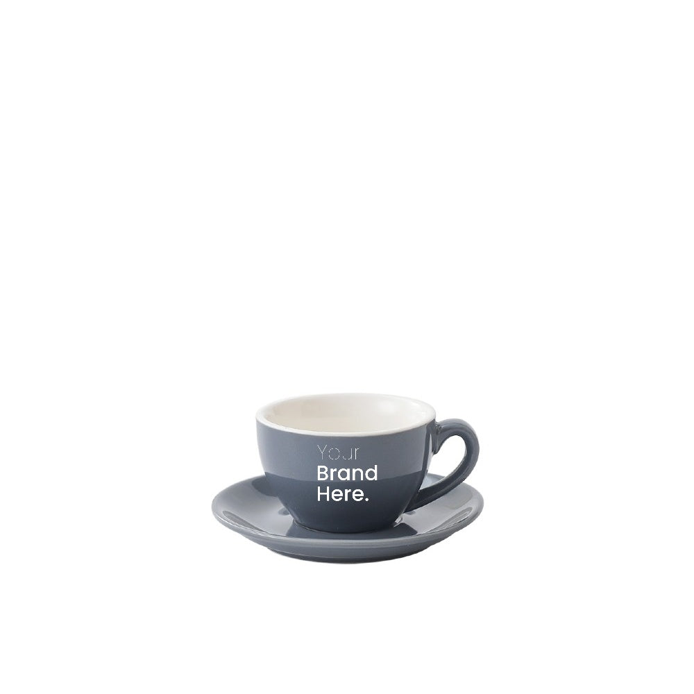 Grey 75ml espresso cup with custom logo printing and matching saucer - front view