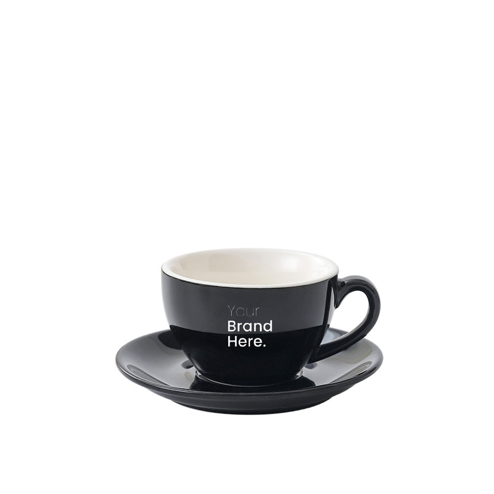 Black 150ml cafe cup with custom logo