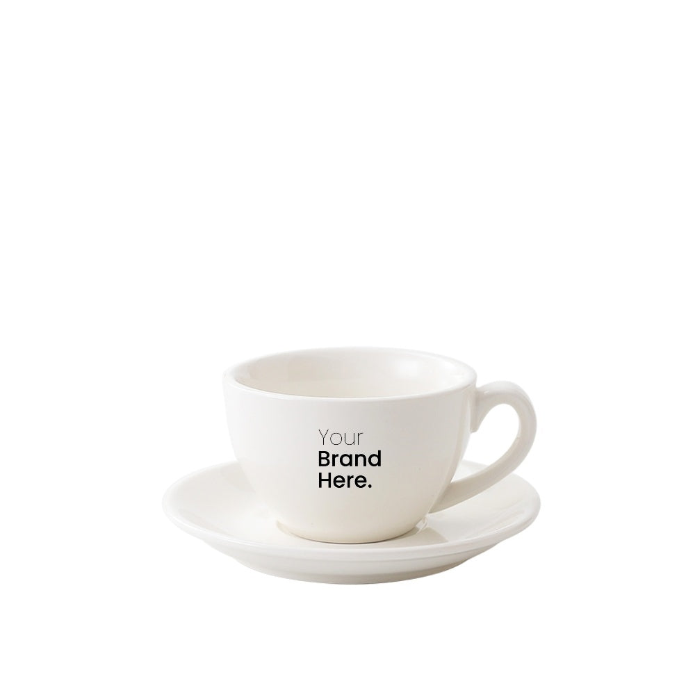 White 150ml cafe cup with custom logo