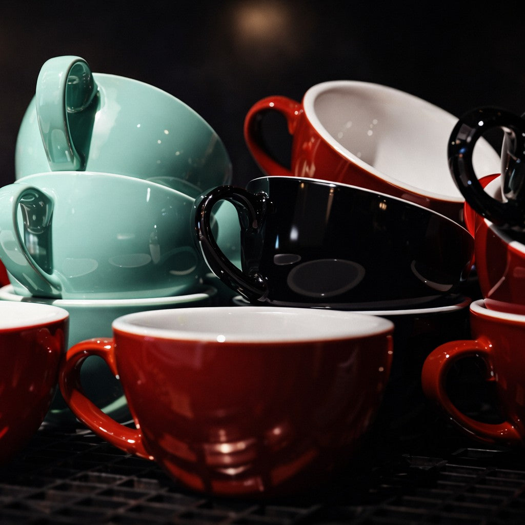 Colorful ceramic cafe cups stacked on a dark surface