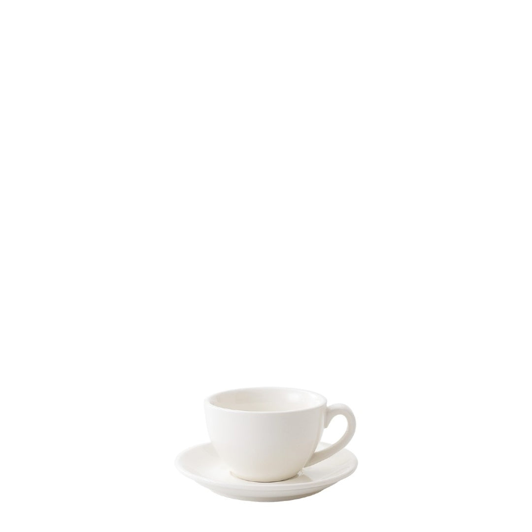 White porcelain espresso cup and saucer on a white background, front view - Just Bottle Origin Espresso Cup