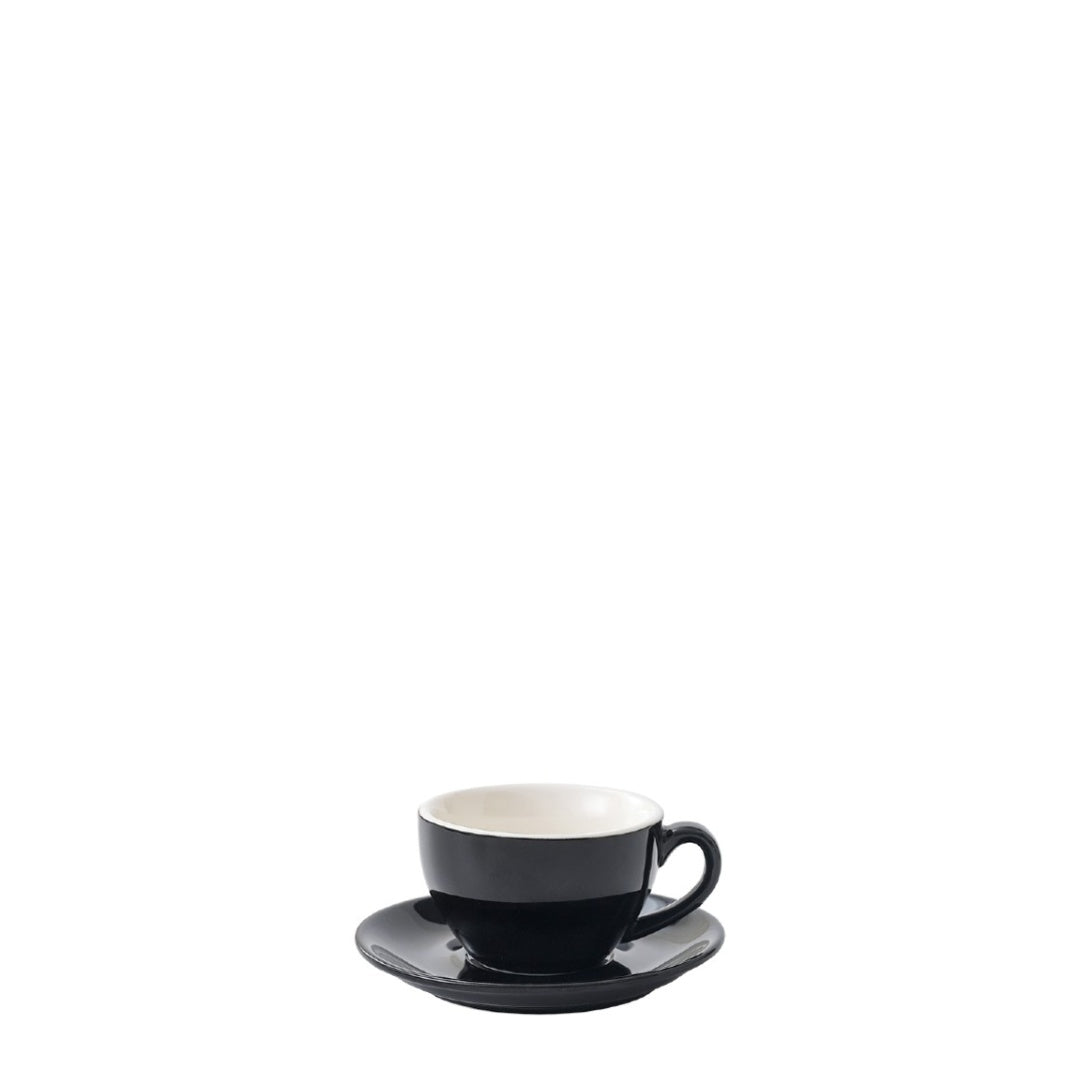 Black porcelain espresso cup and saucer on a white background, front view - Just Bottle Origin Espresso Cup