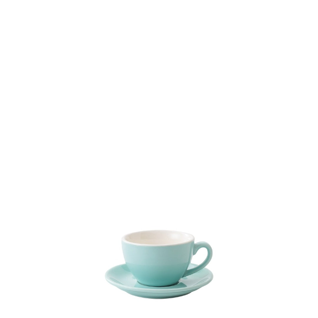 Turquoise porcelain espresso cup and saucer on a white background, front view - Just Bottle Origin Espresso Cup