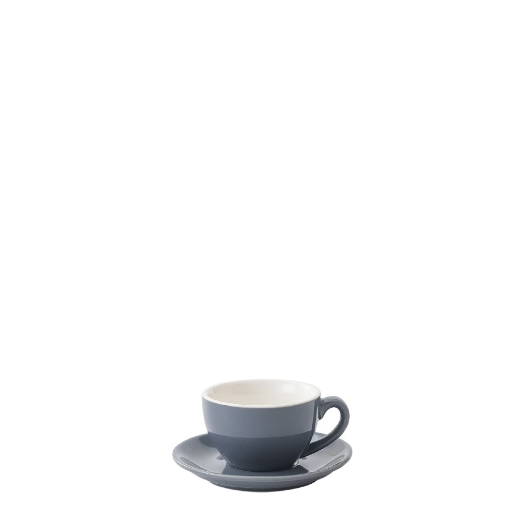 Grey porcelain espresso cup and saucer on a white background, front view - Just Bottle Origin Espresso Cup