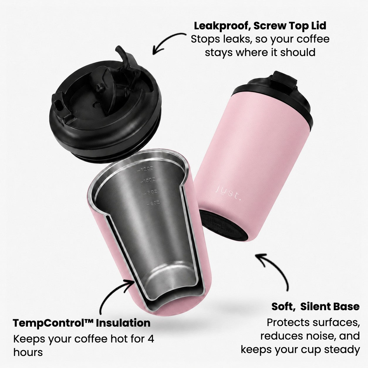 Infographic showing the features of Just Bottles Brew Cup in pink