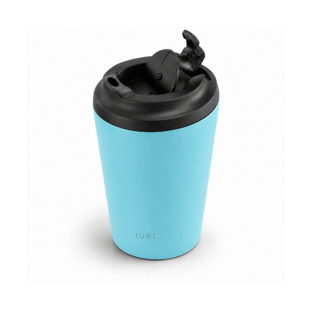 350ml (12oz) leakproof stainless steel coffee cup in light blue, side angle with lid open - Just Bottle Brew Cup
