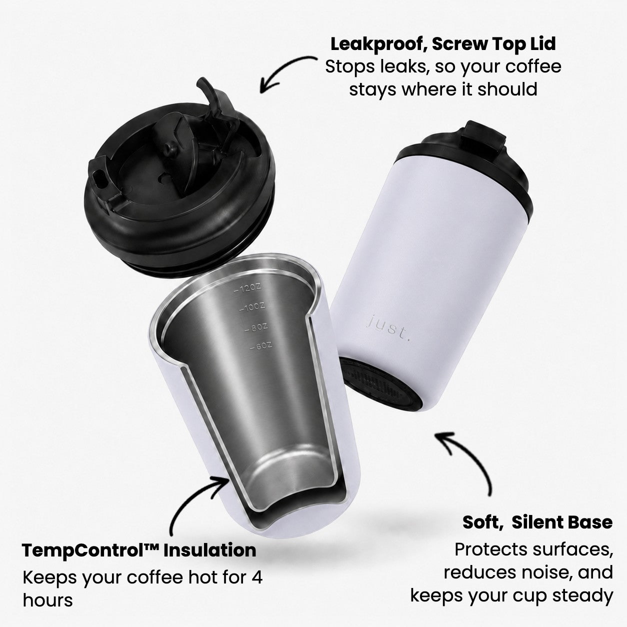 Infographic showing the features of Just Bottles Brew Cup in white