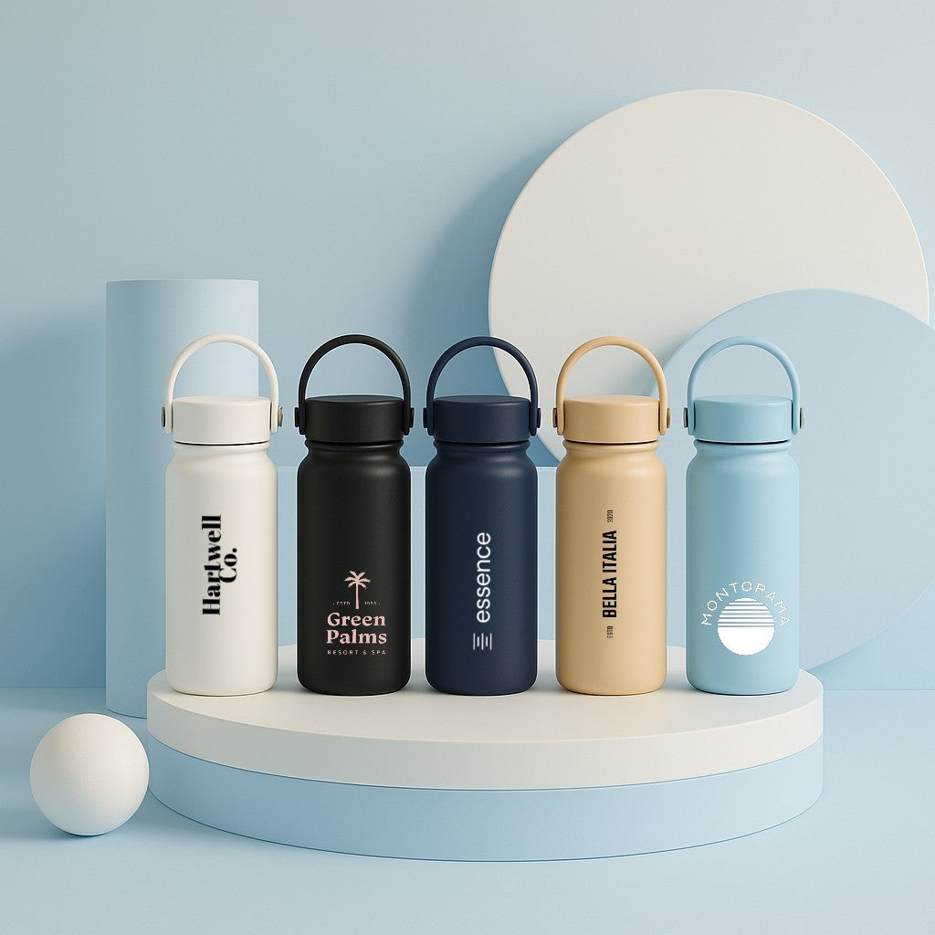 Set of five insulated bottles with different logos and colors on a light blue background