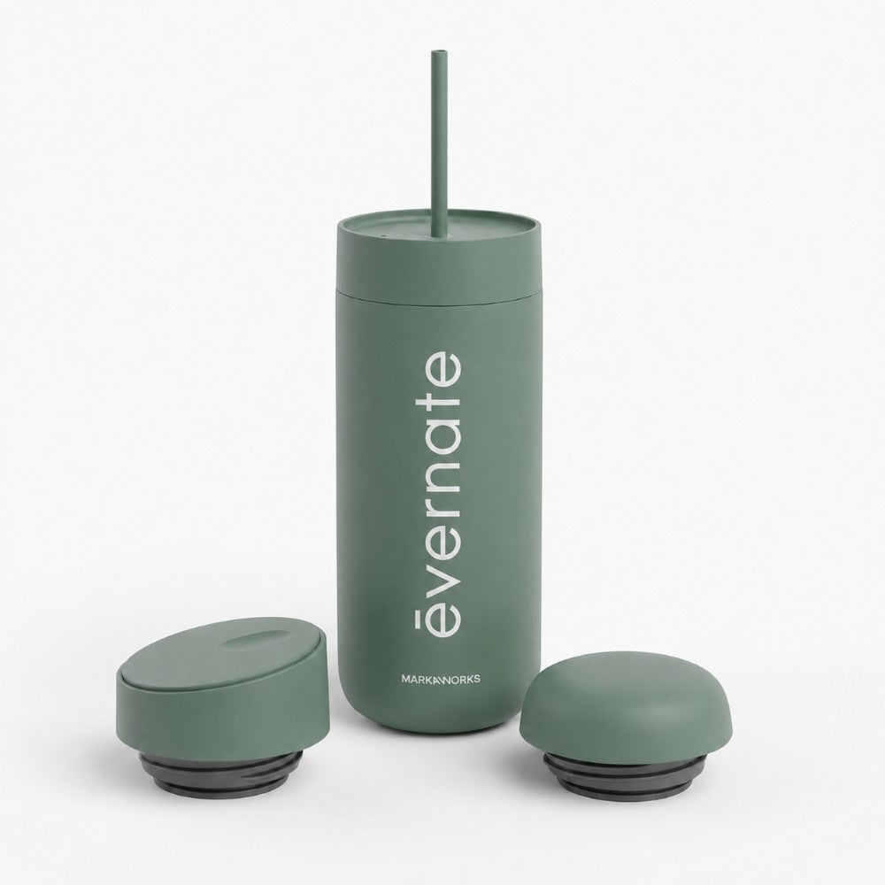 Custom logo tumbler gift set in green with single colour white logo printing, on a plain white background