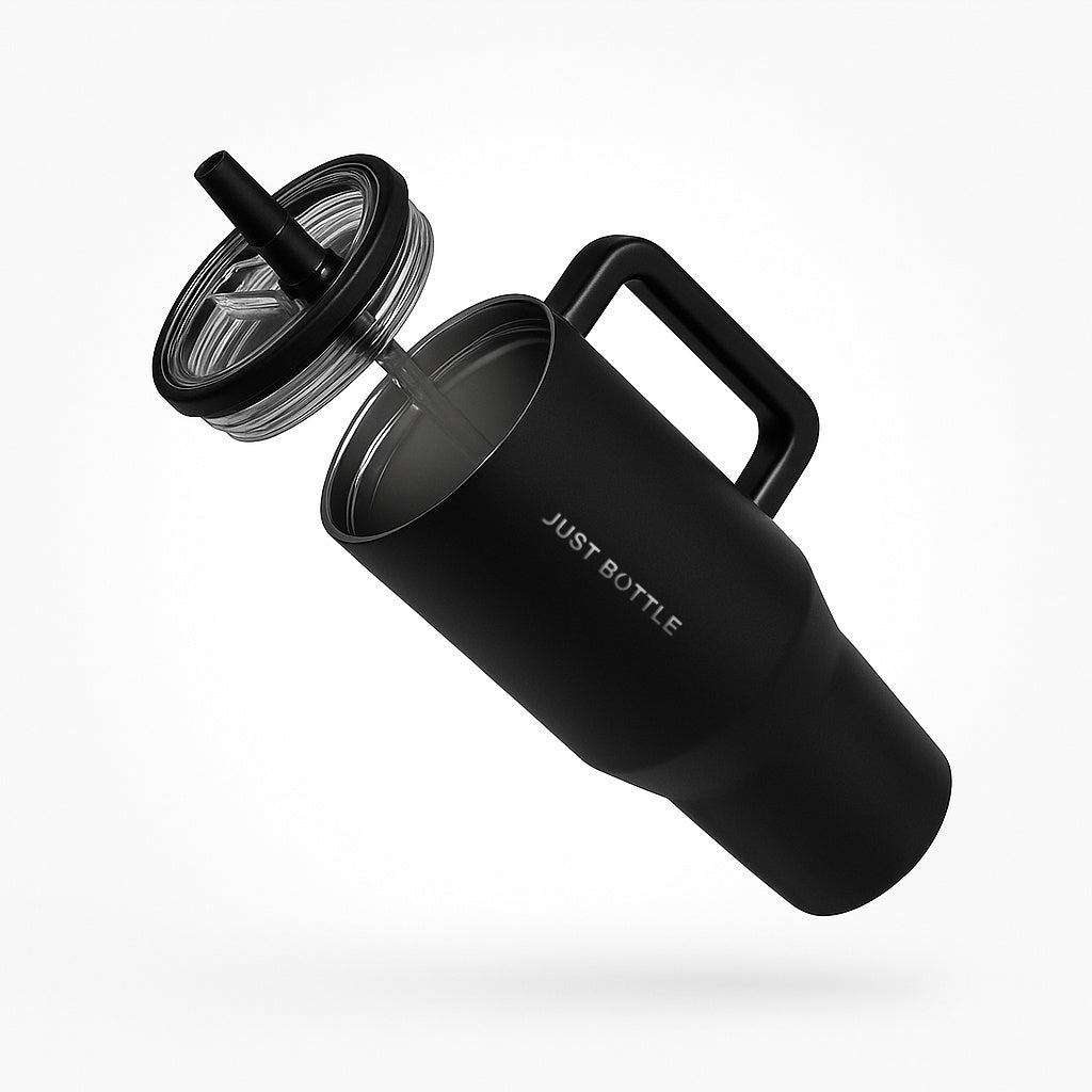 40oz insulated tumbler with straw lid side view in black
