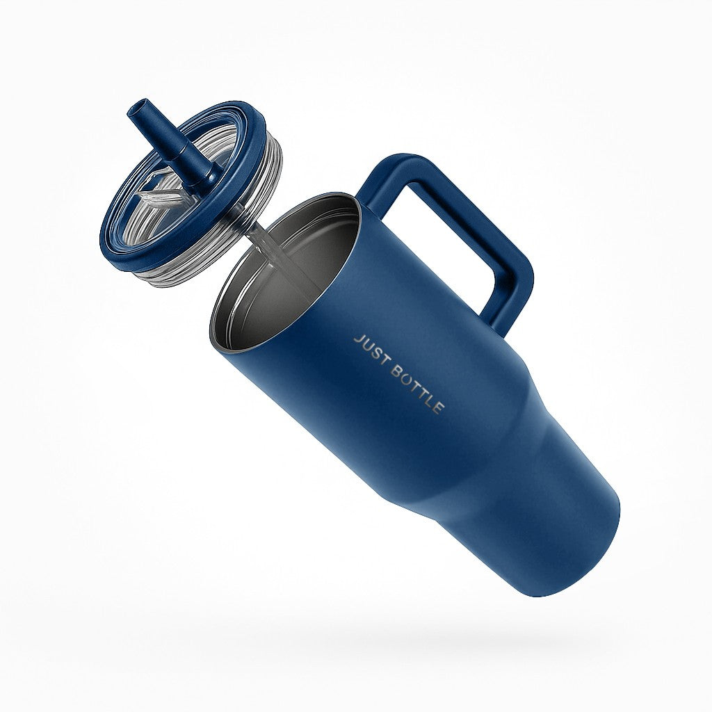 40oz insulated tumbler with straw lid side view in dark blue
