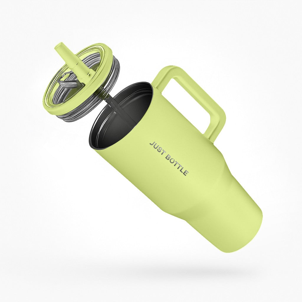 40oz insulated tumbler with straw lid side view in neon yellow
