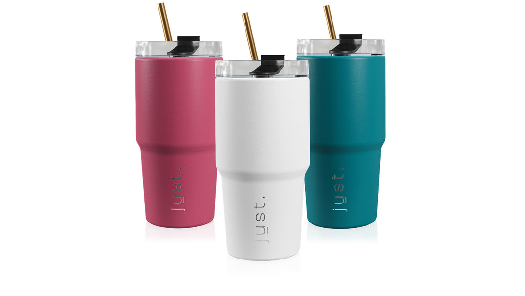 three thermal insulated custom branded tumblers in a line