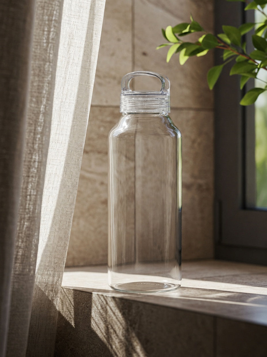 Big glass water bottle on a windowsill with natural light and a plant in the background