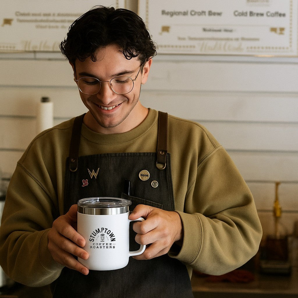 Person holding a white mug with a logo, wearing a green sweatshirt and apron, in a coffee shop setting.