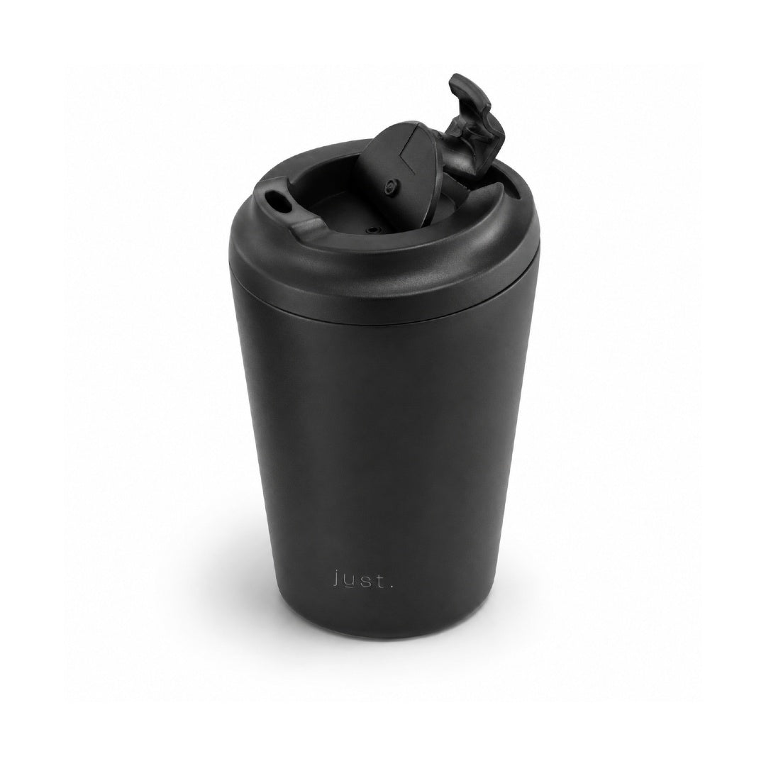 350ml (12oz) leakproof stainless steel coffee cup in black, side angle with lid open - Just Bottle Brew Cup