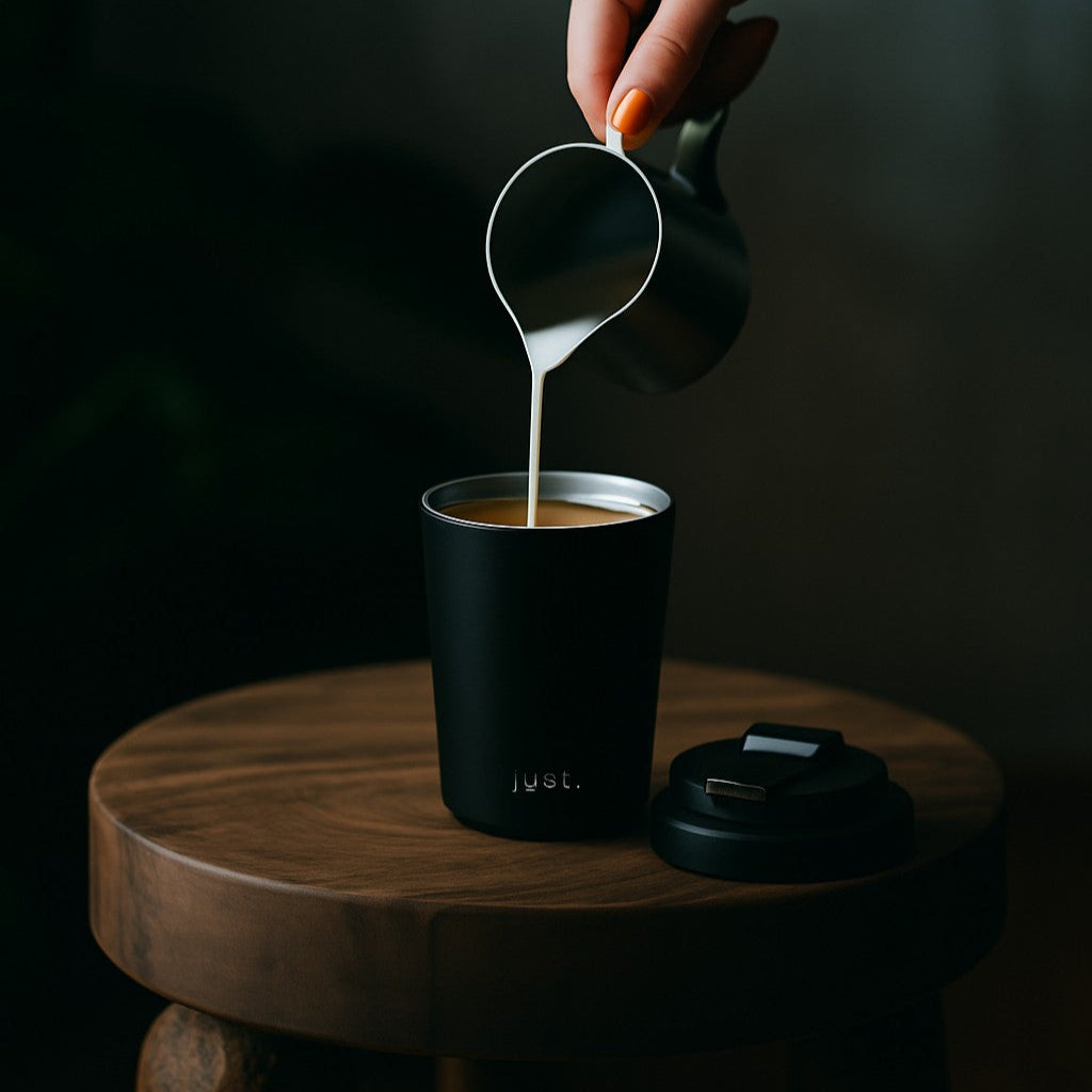 stainless steel coffee cup in black - with leakproof lid