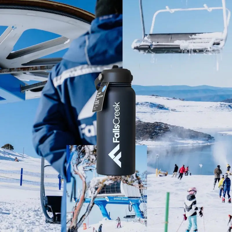 blue metal water bottle with falls creek logo and snow skiing behind