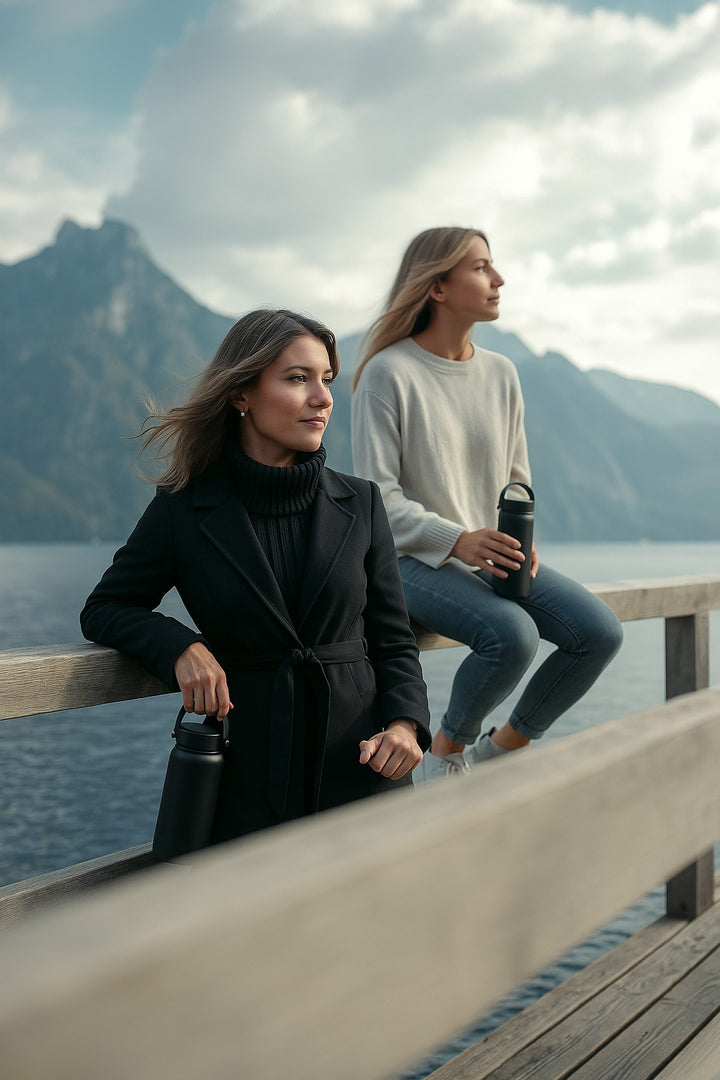 2 people sat on a fence holding reusable water bottles