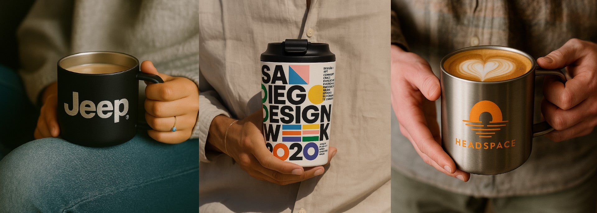 Three people holding coffee mugs with different designs and company logos.