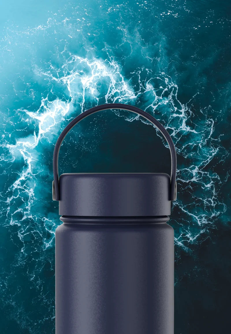dark blue wide mouth metal water bottle