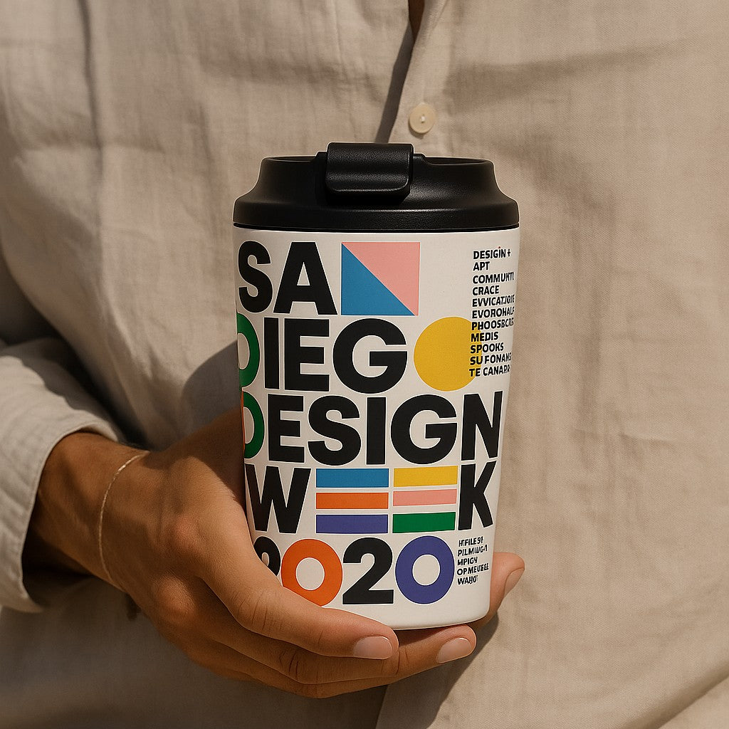 Person holding a travel mug a custom company logo