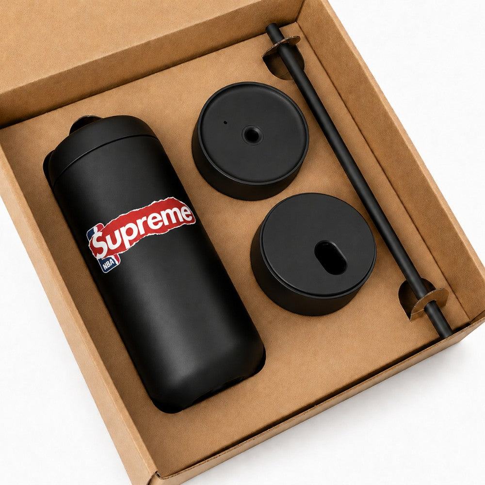 3 in 1 Custom branded tumbler gift set from Just Bottle with Supreme NBA print , in a brown box on a white background