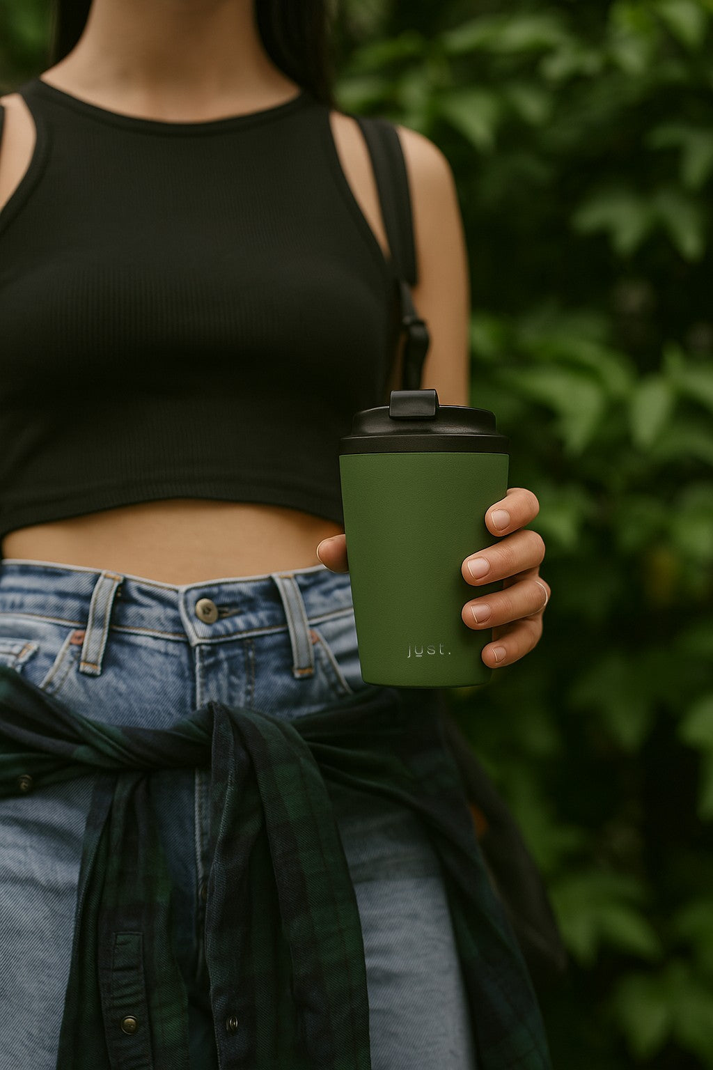 lady holding green coffee cup