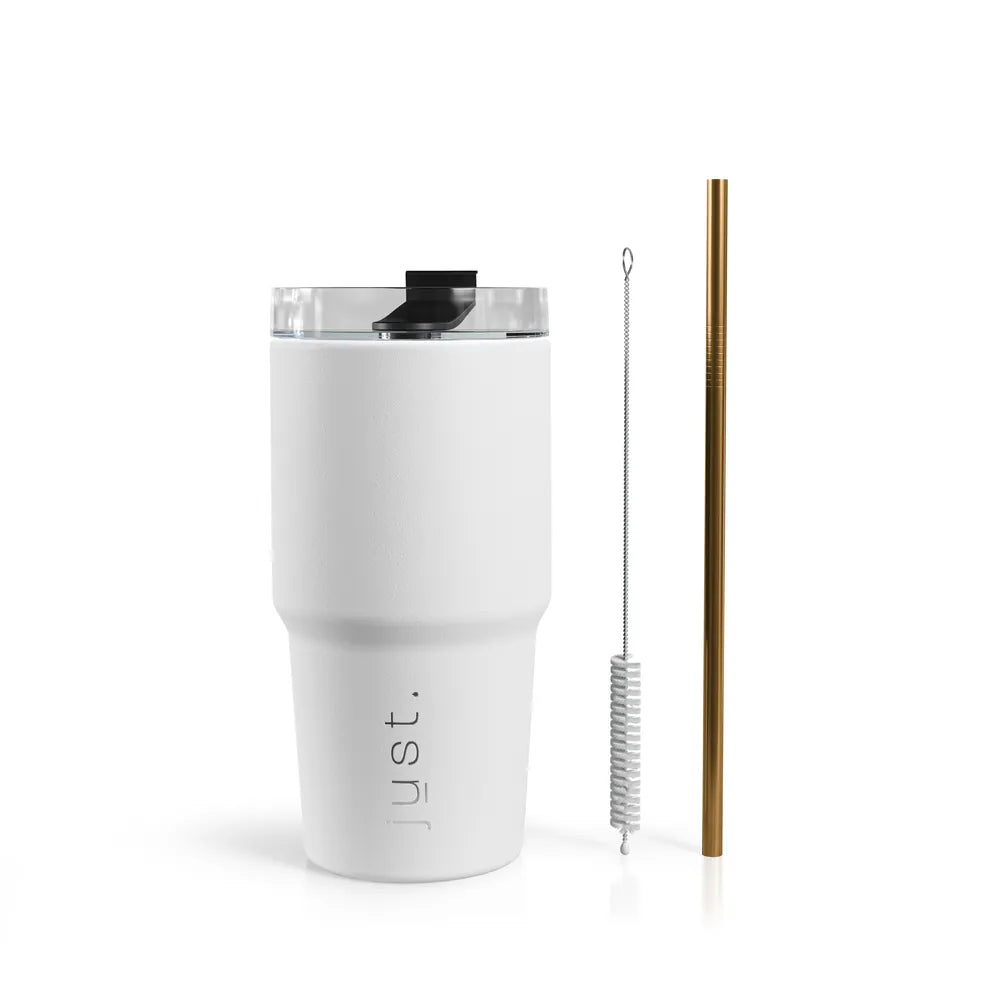 white stainless steel tumbler with straw and brush