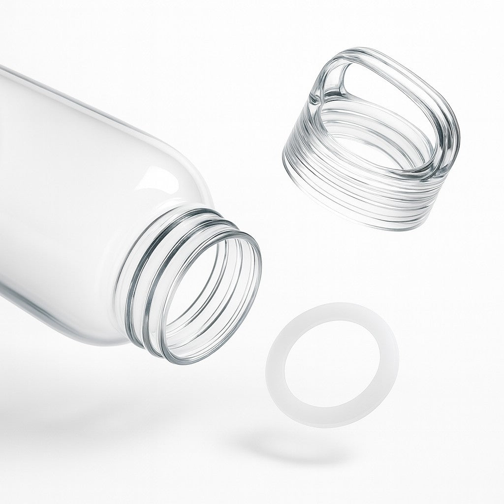 Clear glass bottle with lid and gasket ring - Just Bottle Zen glass bottle with company logo