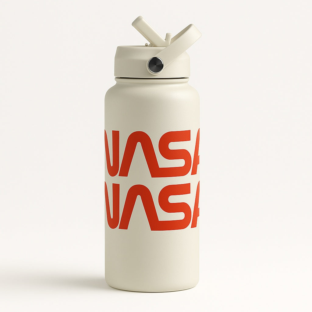 large 1 litre / 34 oz branded steel water bottle with NASA logo on a white background
