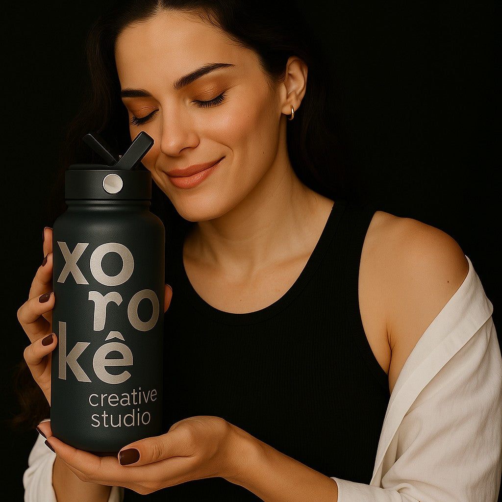 Woman holding a 34 oz black company logo water bottle with 'xo ro ke' branding against a dark background