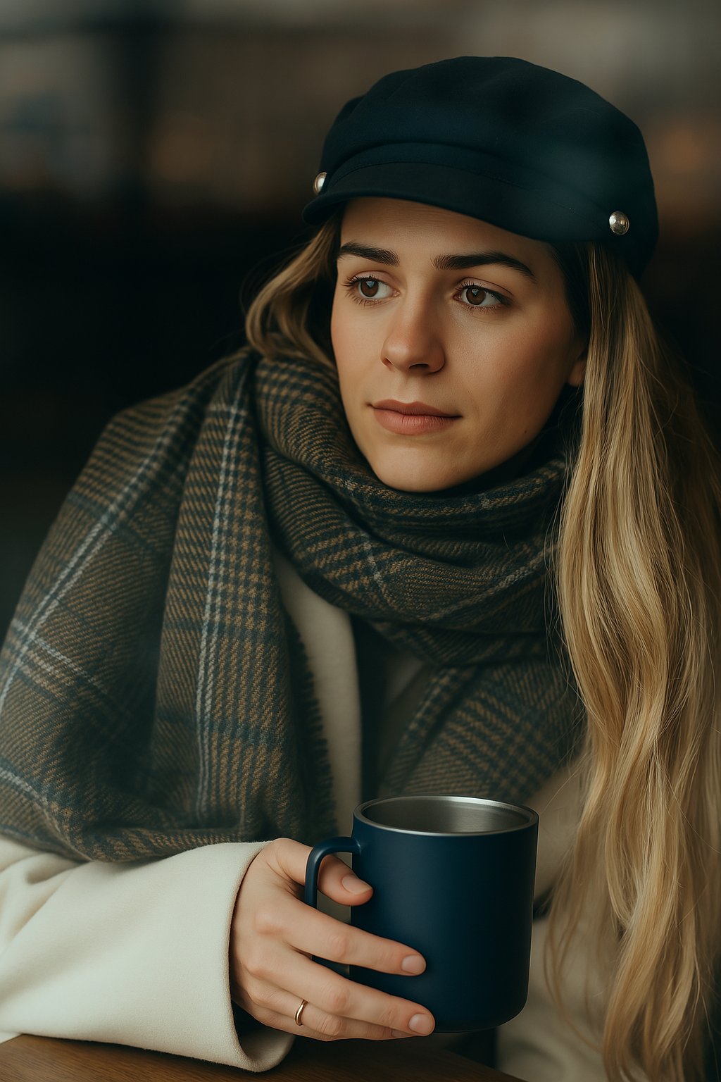 lady holding 12 oz insulated coffee mug in dark blue color