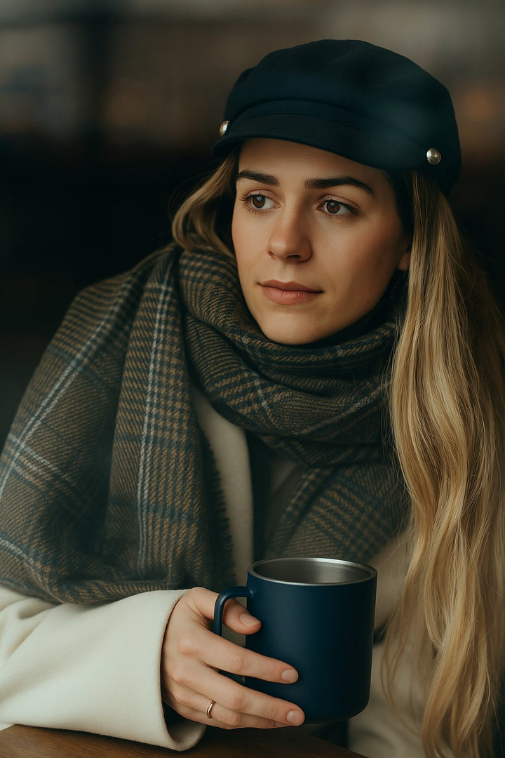 lady holding 12 oz insulated coffee mug in dark blue color