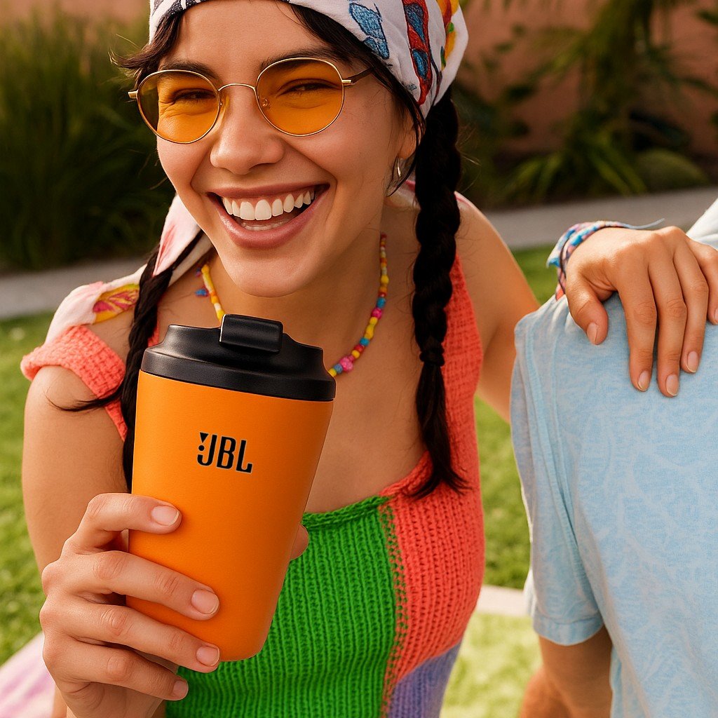 Woman holding an orange custom branded coffee cup outdoors with a blurred background