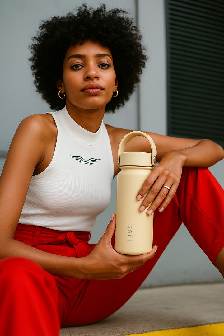 lady holding reusable water bottle