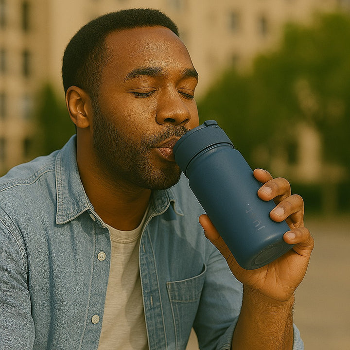 man drinking from dark blue reusable coffee cup