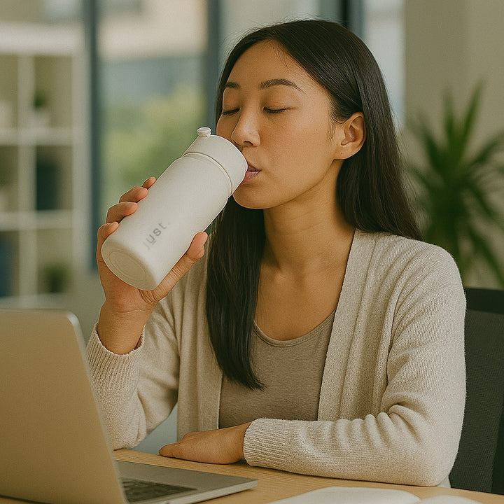 lady drinking from white reusable coffee cup