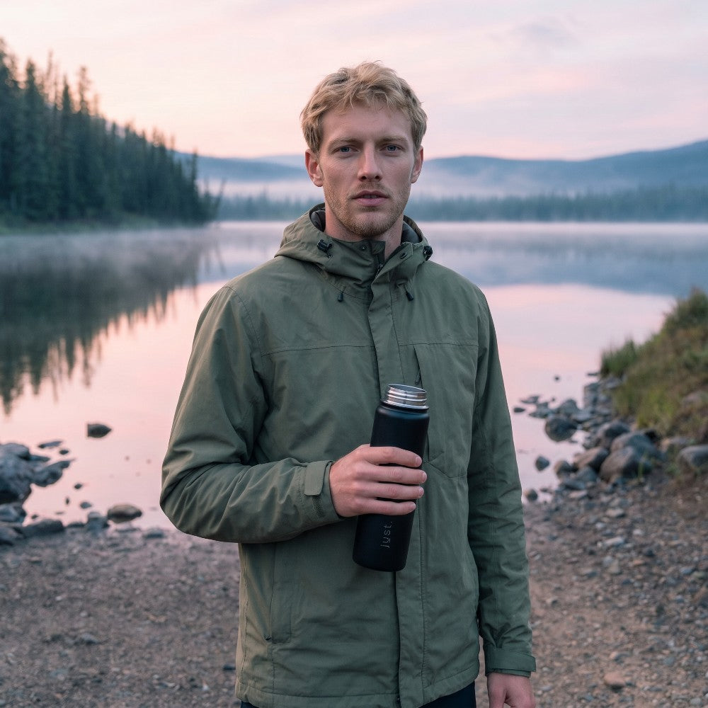 Man in a green jacket holding a 750ml 25oz stainless steel water bottle by a lake at sunset