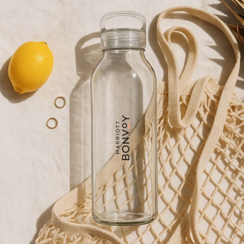glass water bottle with business logo lying on a beach - Just Bottle Zen Glass Bottle 500ml  / 16 oz 