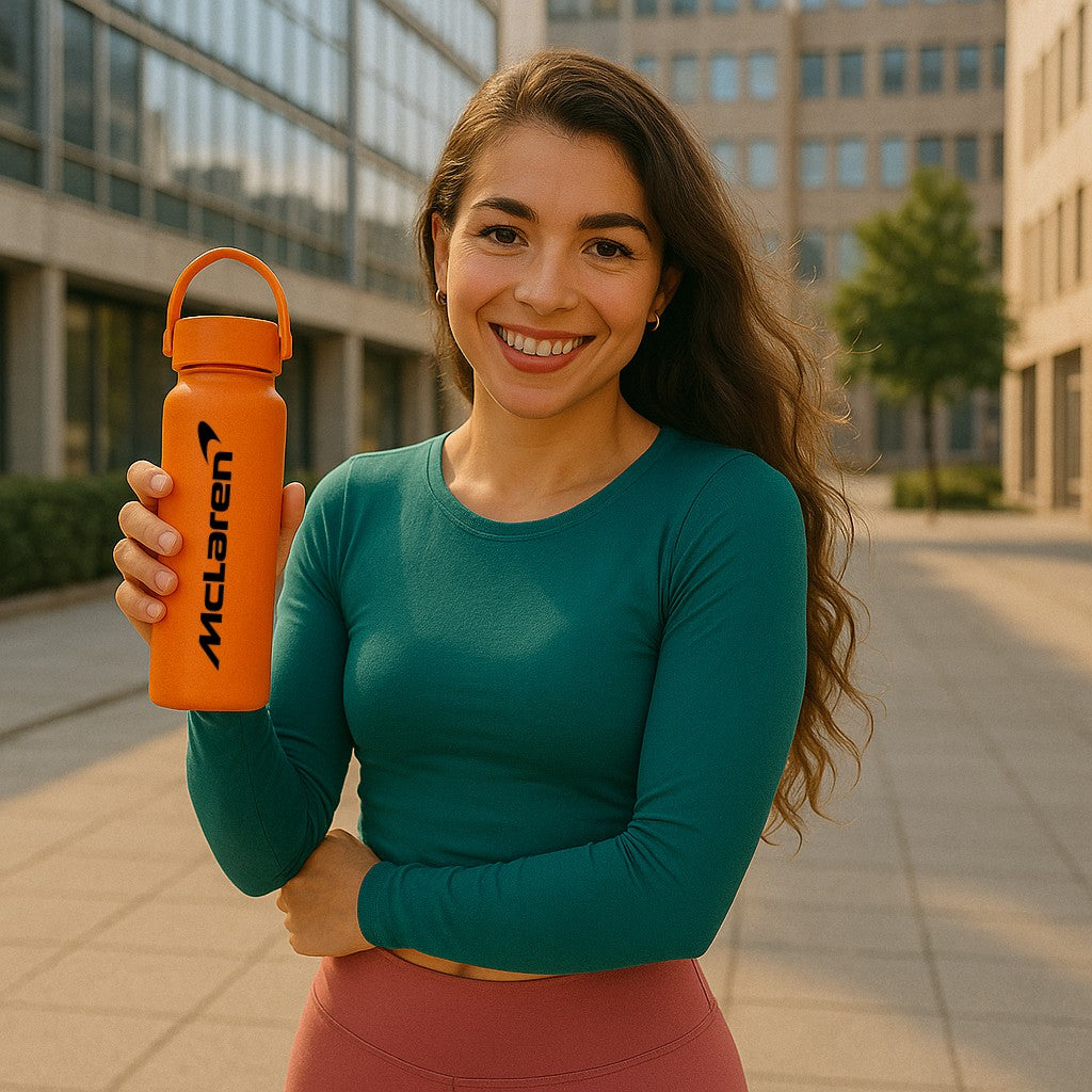 custom orange reusable water bottle with logo