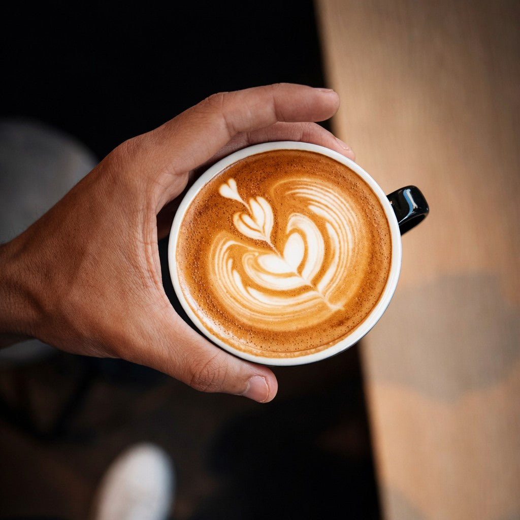 Hand holding a cup of coffee with latte art against a blurred background